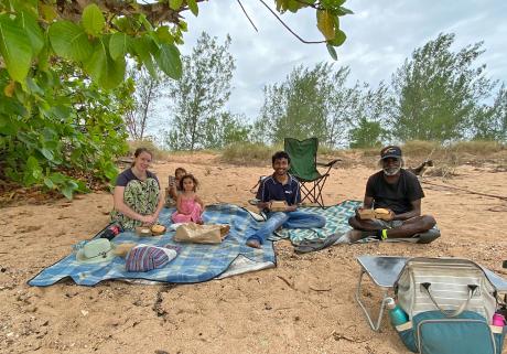 Pioneers Christina and Pasha with David on Elcho Island