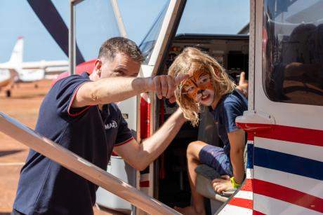 Sonny inspects the fuselage from a pilot’s vantage point under the guidance of Head of Tech Ops, Thomas Baertschi.