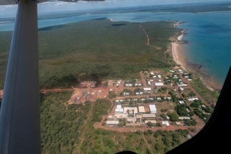 Aerial view of a small settlement by the seaside