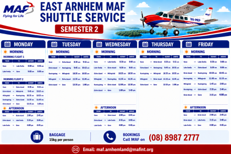 Image of Semester 2 schedule for MAF's East Arnhem Land Shuttle service
