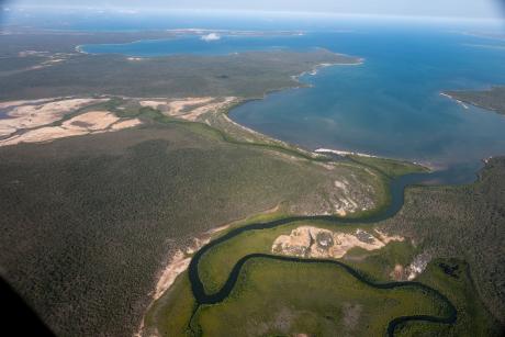 Aerial view od coastal scenery with mangrove-lined river in foreground