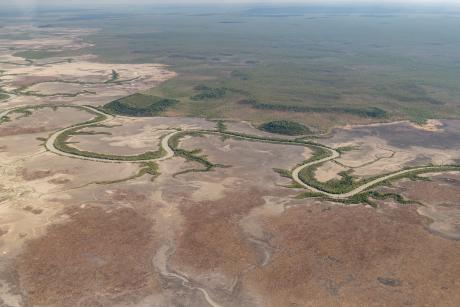aerial view of river and floodplain scenery 